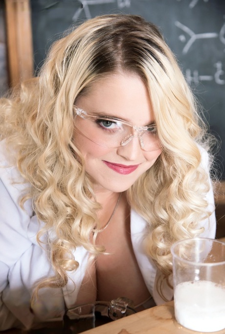 Blonde researcher showing her big tits & delicious pussy in the chemistry lab
