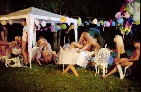 Kinky European pornstars enjoy a hardcore orgy in the back yard